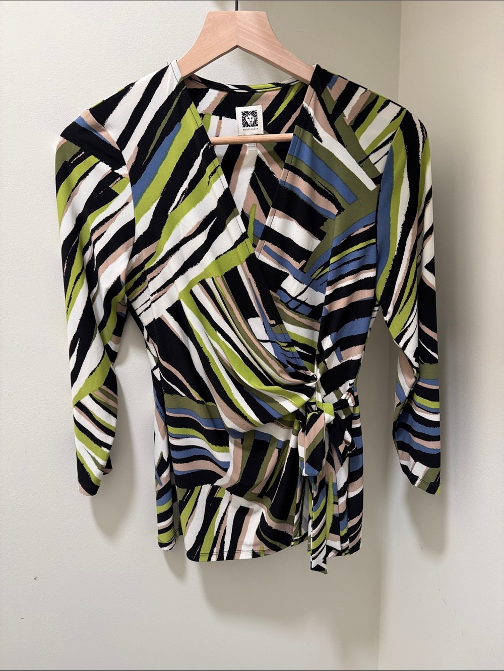 Anne Klein Abstract Stripe Wrap Top - Lime, Blue, Black